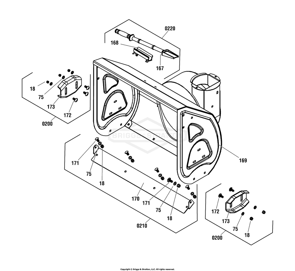 Auger Housing Group Diagram and Parts List for 1696616-04 2017 Briggs and Stratton Snow Blower